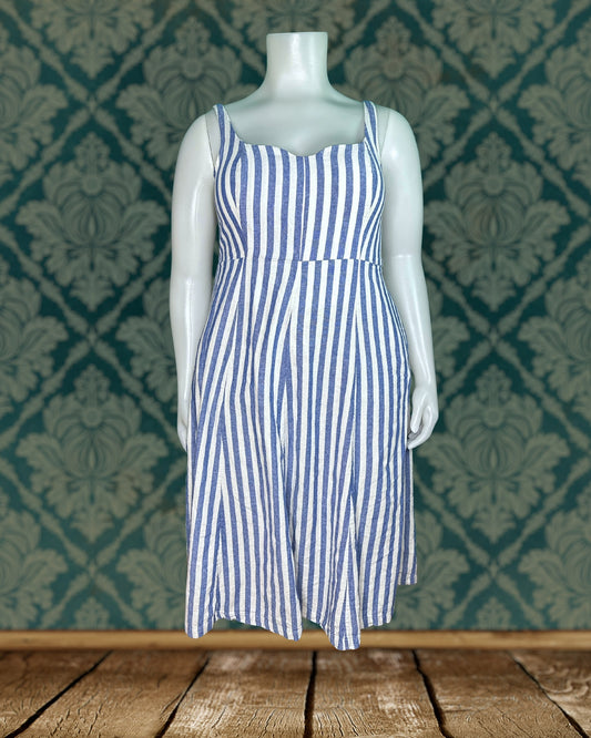 Baby Blue & White Vertical Striped Sleeveless Dress