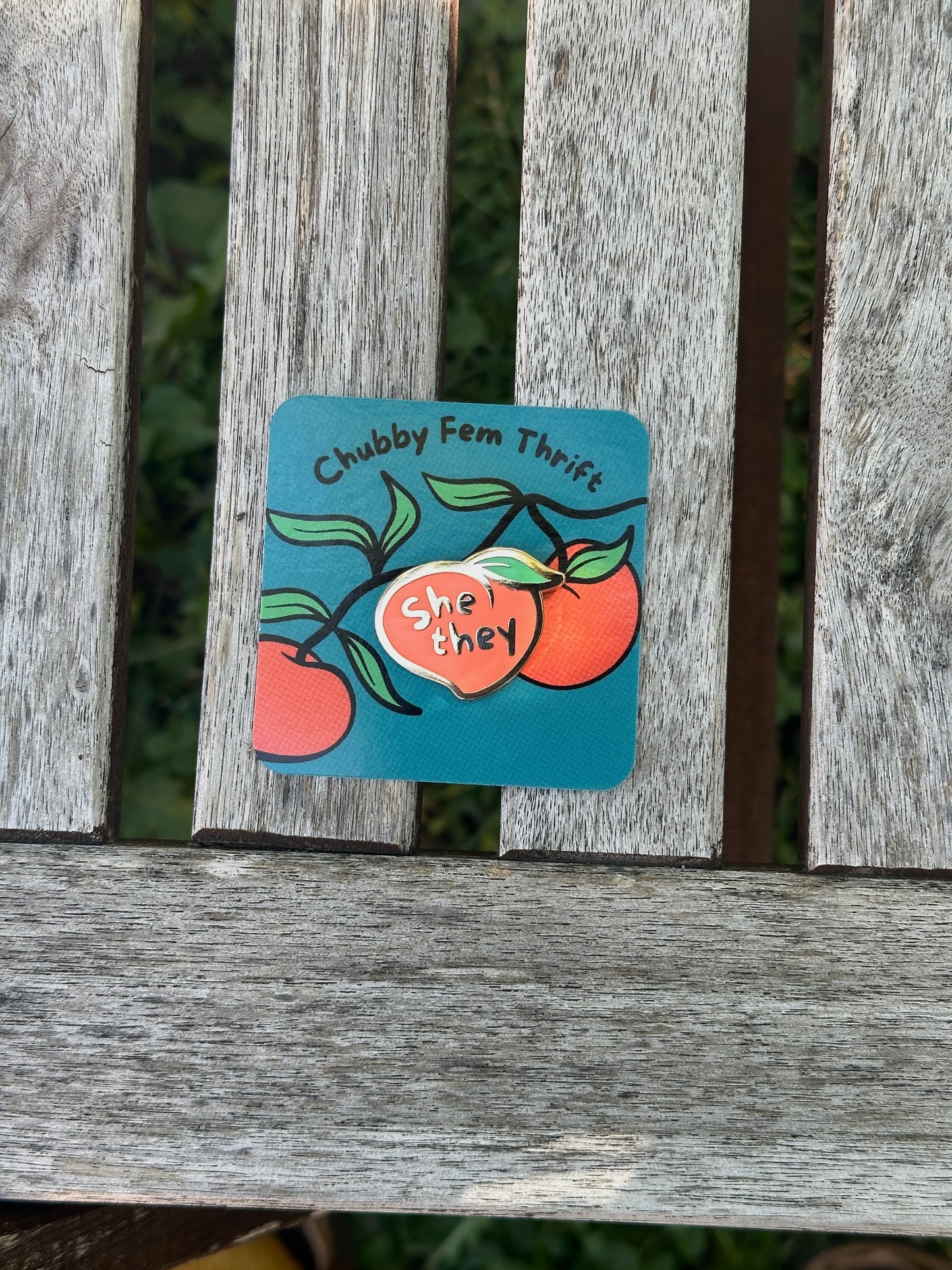 She/They Chubby Peach Pronoun Pin