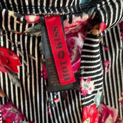 “Hot Kiss” Pink Floral on Black & White Striped Pants (L)