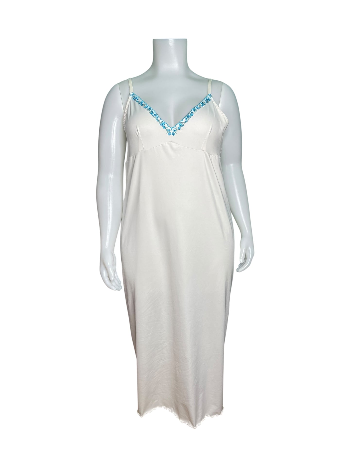 White w/ baby blue rose embroidered V-Neck Spaghetti Maxi Dress