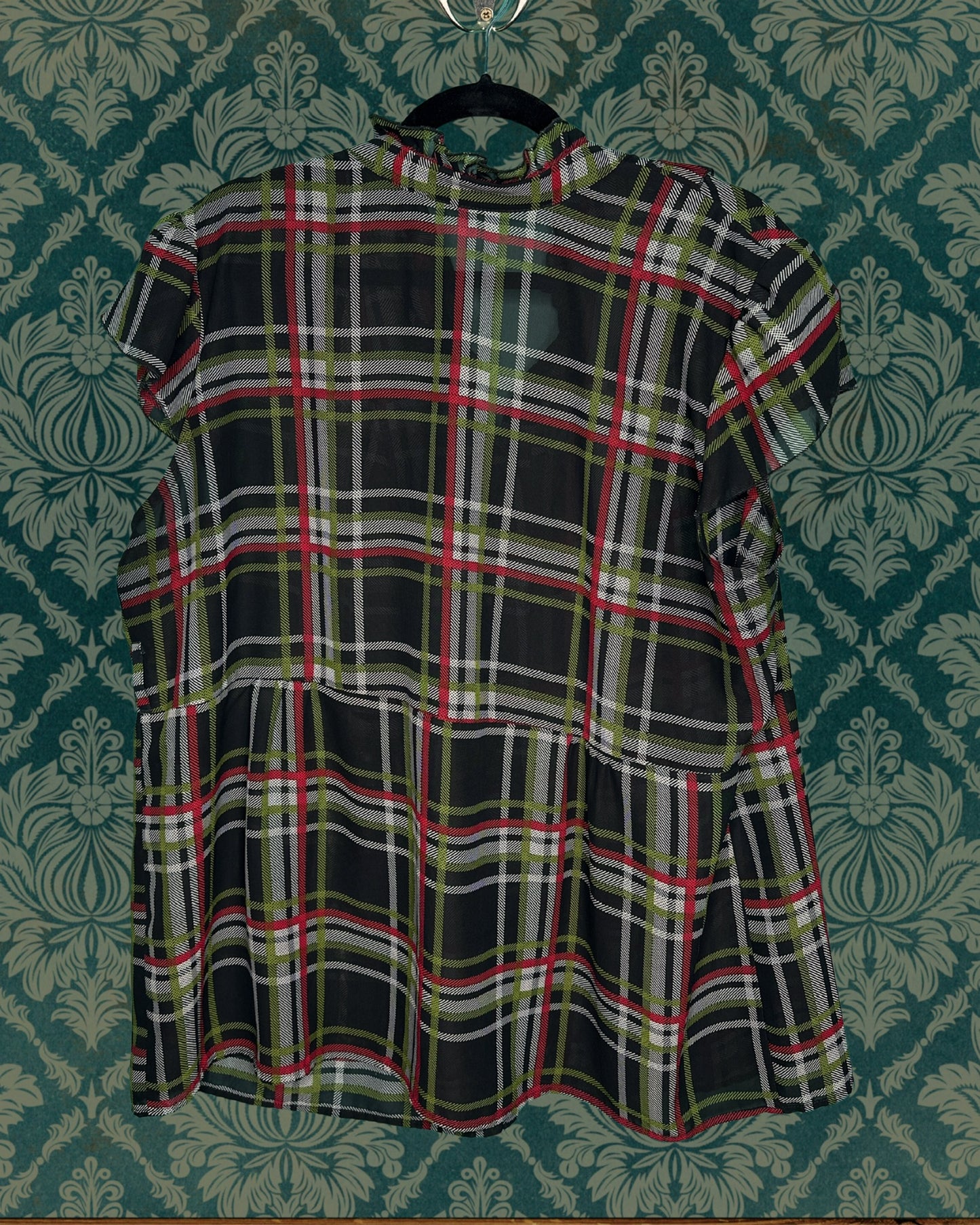 Black, Green, Red & White Plaid Cap Sleeved Blouse