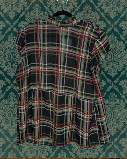 Black, Green, Red & White Plaid Cap Sleeved Blouse