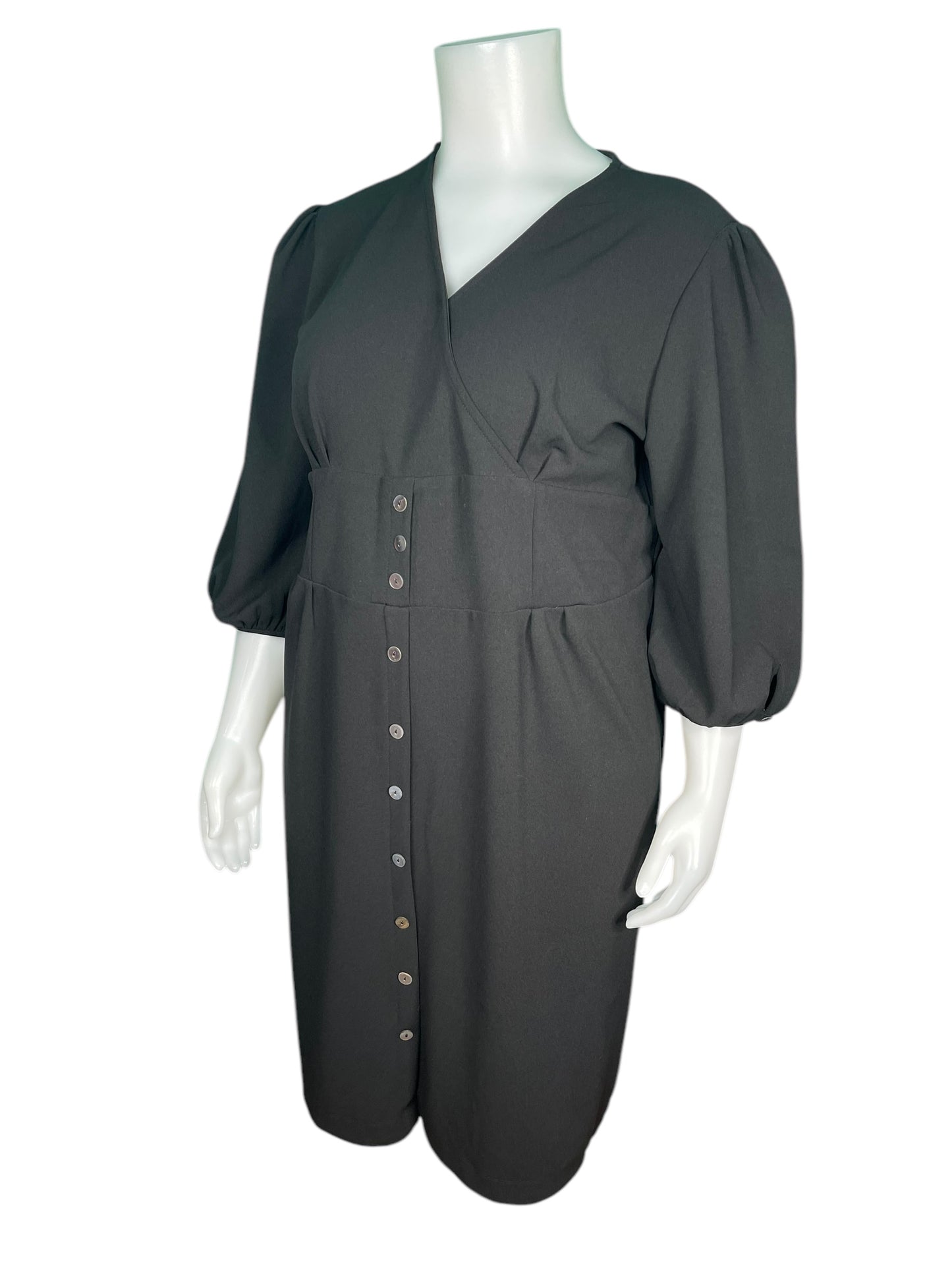 Black 3/4 Puff Sleeved V Neck Dress w/ Button Detail