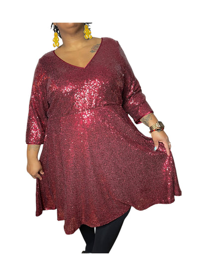 Red Sparkly V-Neck 3/4 sleeve Dress