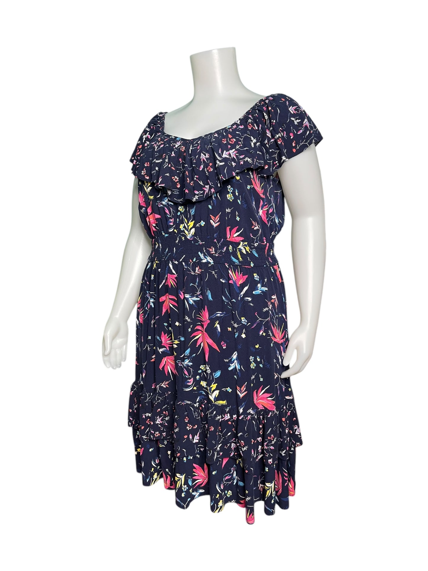 Navy Blue w/ Pink & Green Floral Patterned Cap Sleeve Dress