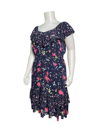 Navy Blue w/ Pink & Green Floral Patterned Cap Sleeve Dress
