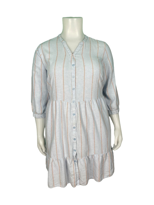 Baby Blue w/ Pink Vertical Stripe Patterned 3/4 Sleeve Dress