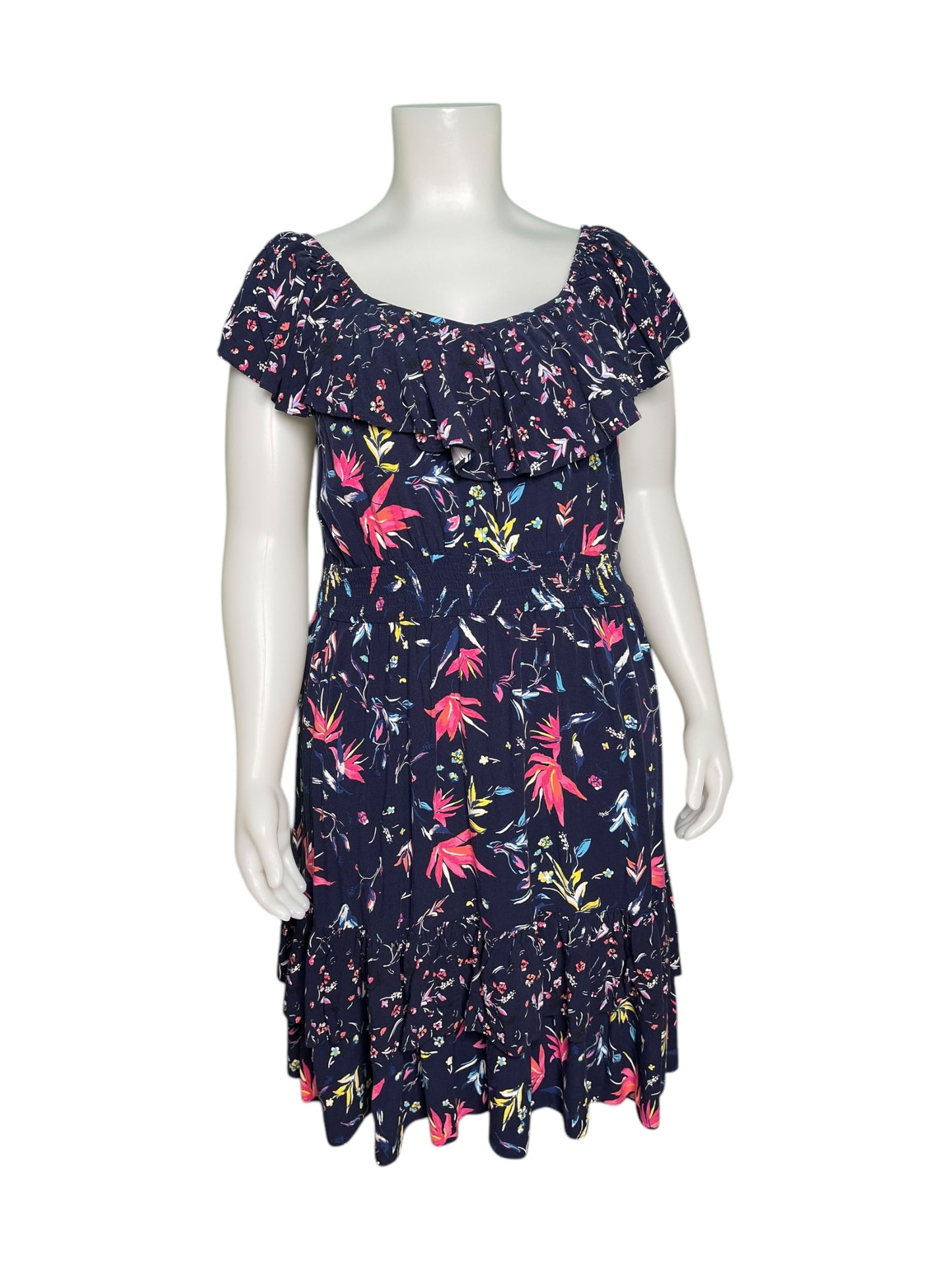 Navy Blue w/ Pink & Green Floral Patterned Cap Sleeve Dress