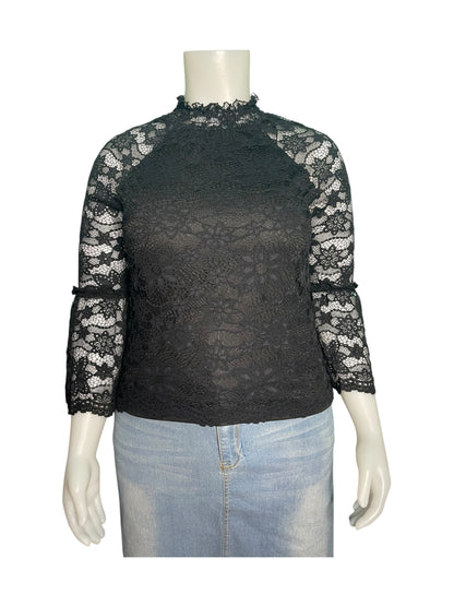 Black Lace Long Sleeved Mock Neck Blouse