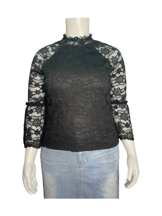 Black Lace Long Sleeved Mock Neck Blouse