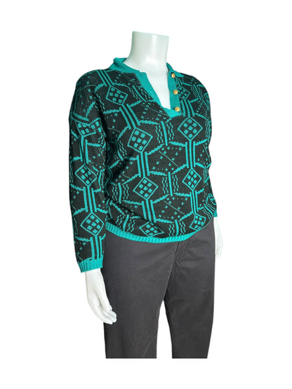 Vintage Black and Teal Long sleeved Jumper w/ Shoulder Pads