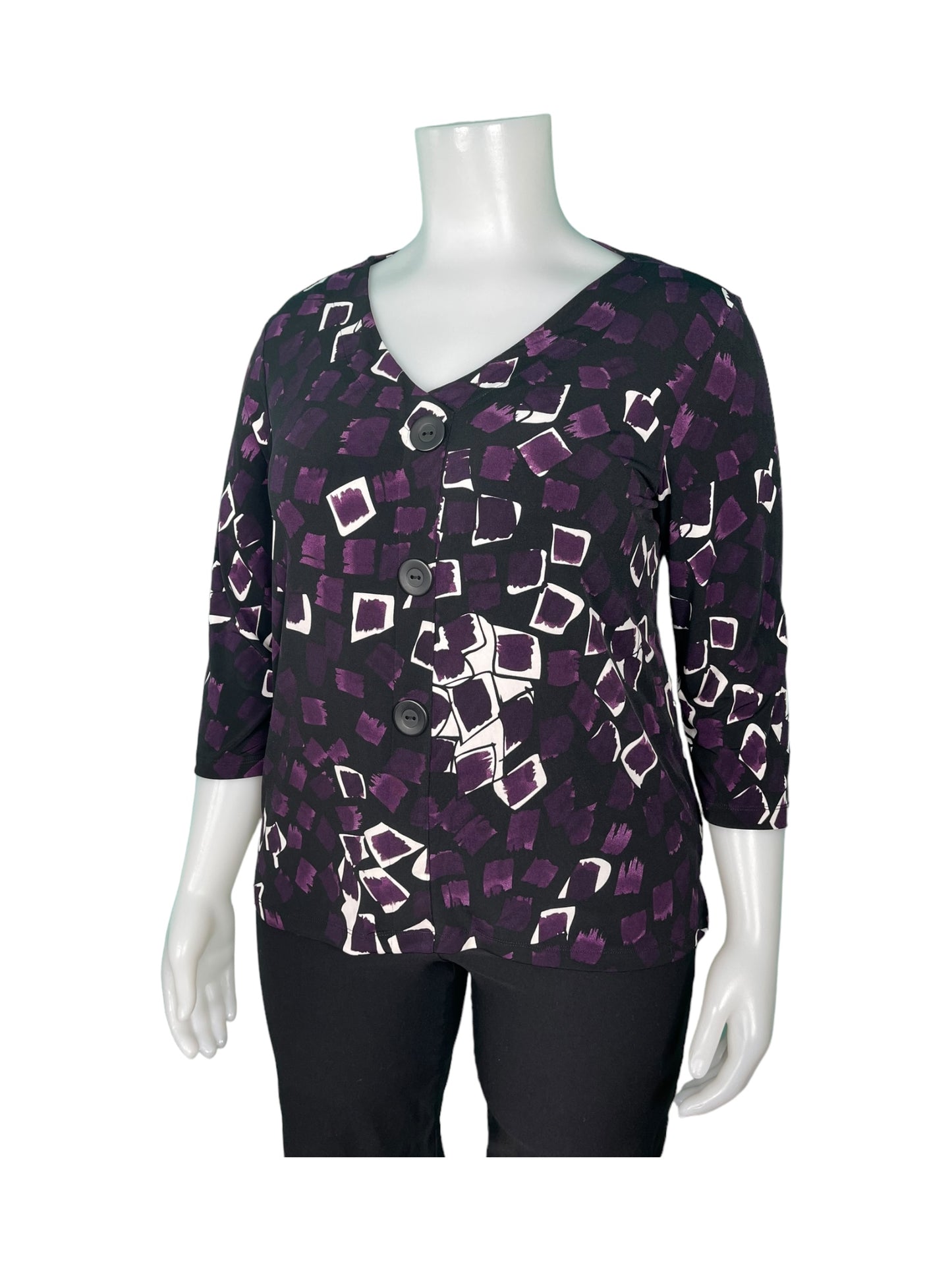 Black, Purple & White 3/4 sleeve  V-Neck Blouse (XXL)