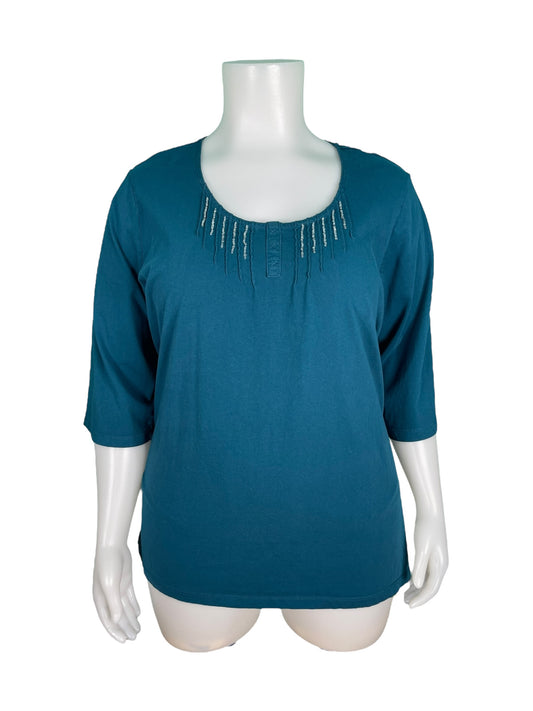 Blue 3/4 Sleeved Top W/ Beaded Neck Detail Top