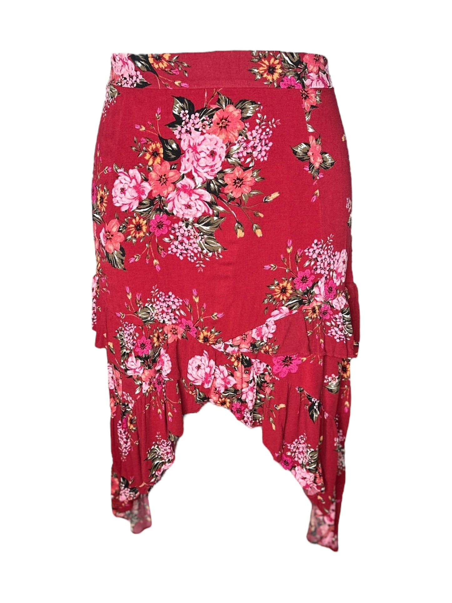 Bright Red w/ Pink Floral High Low Skirt