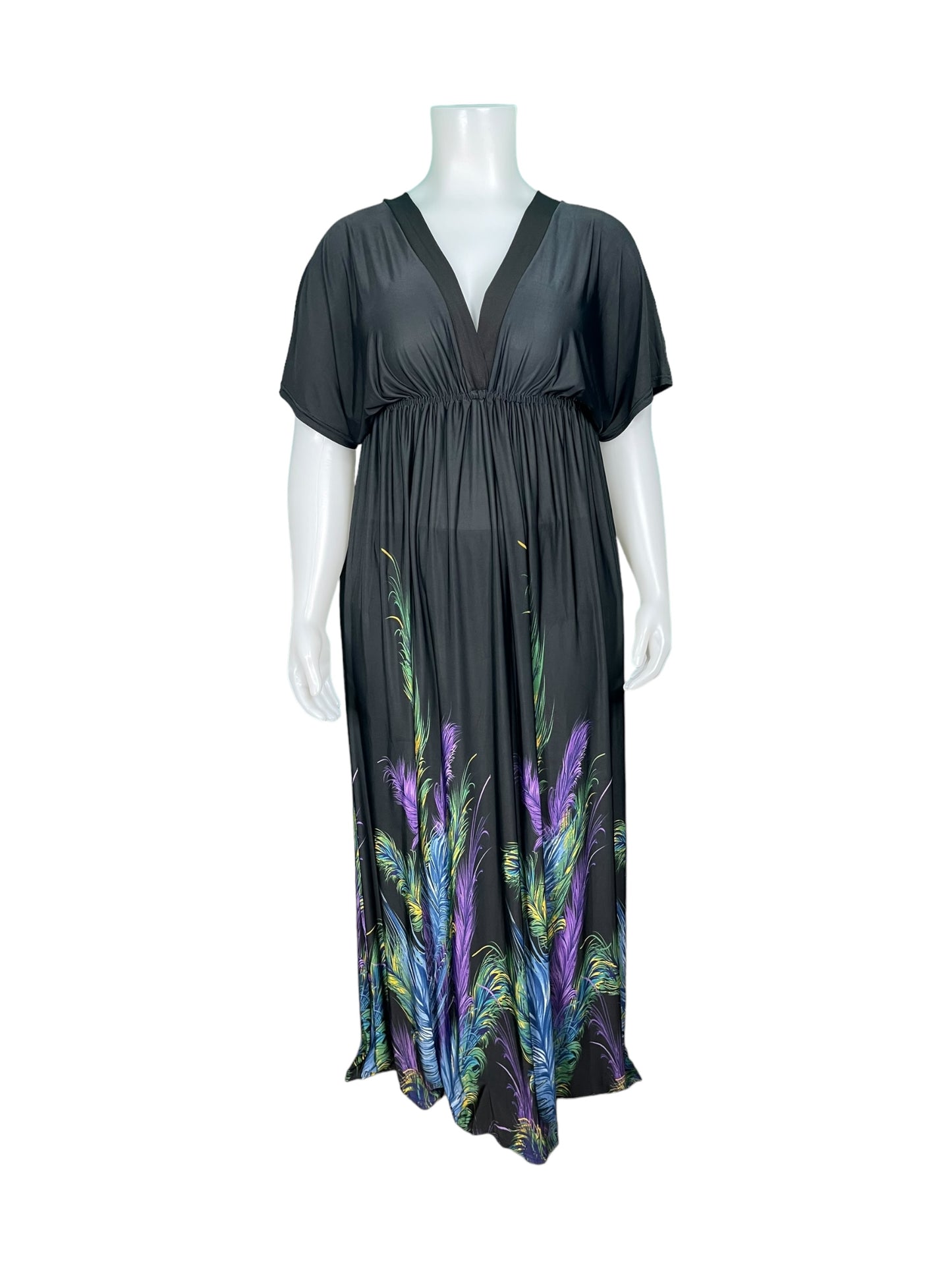 Black Deep V Neck  w/ Blue, Green and Yellow Feathers Short-Sleeved Dress