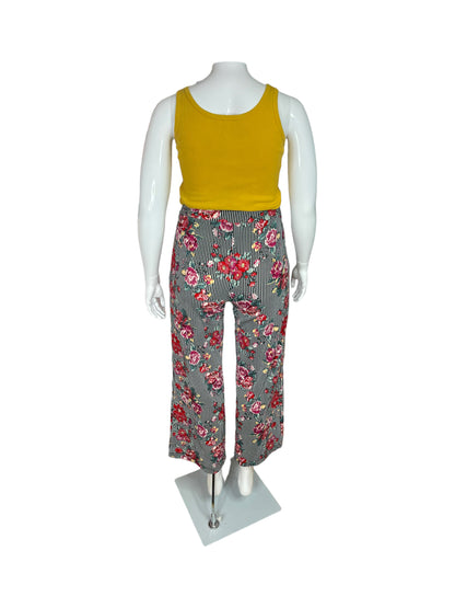 “Hot Kiss” Pink Floral on Black & White Striped Pants (L)