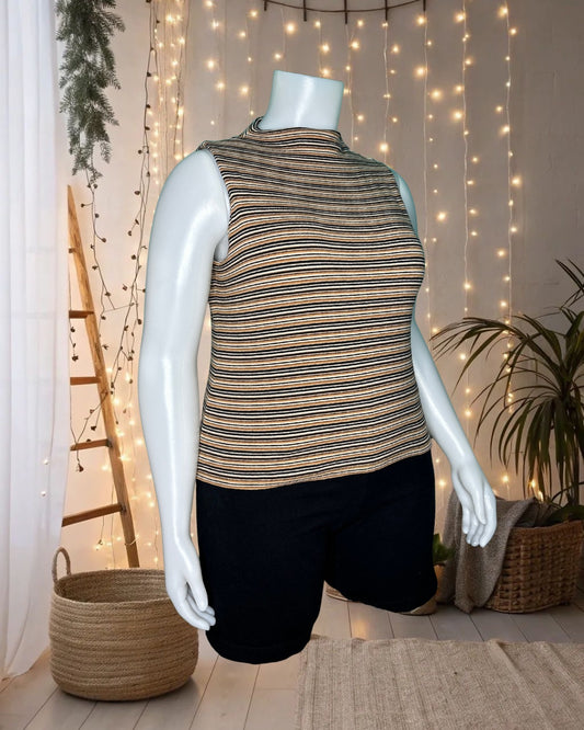 Vintage Tan, White & Black Sleeveless Mock Neck Shirt
