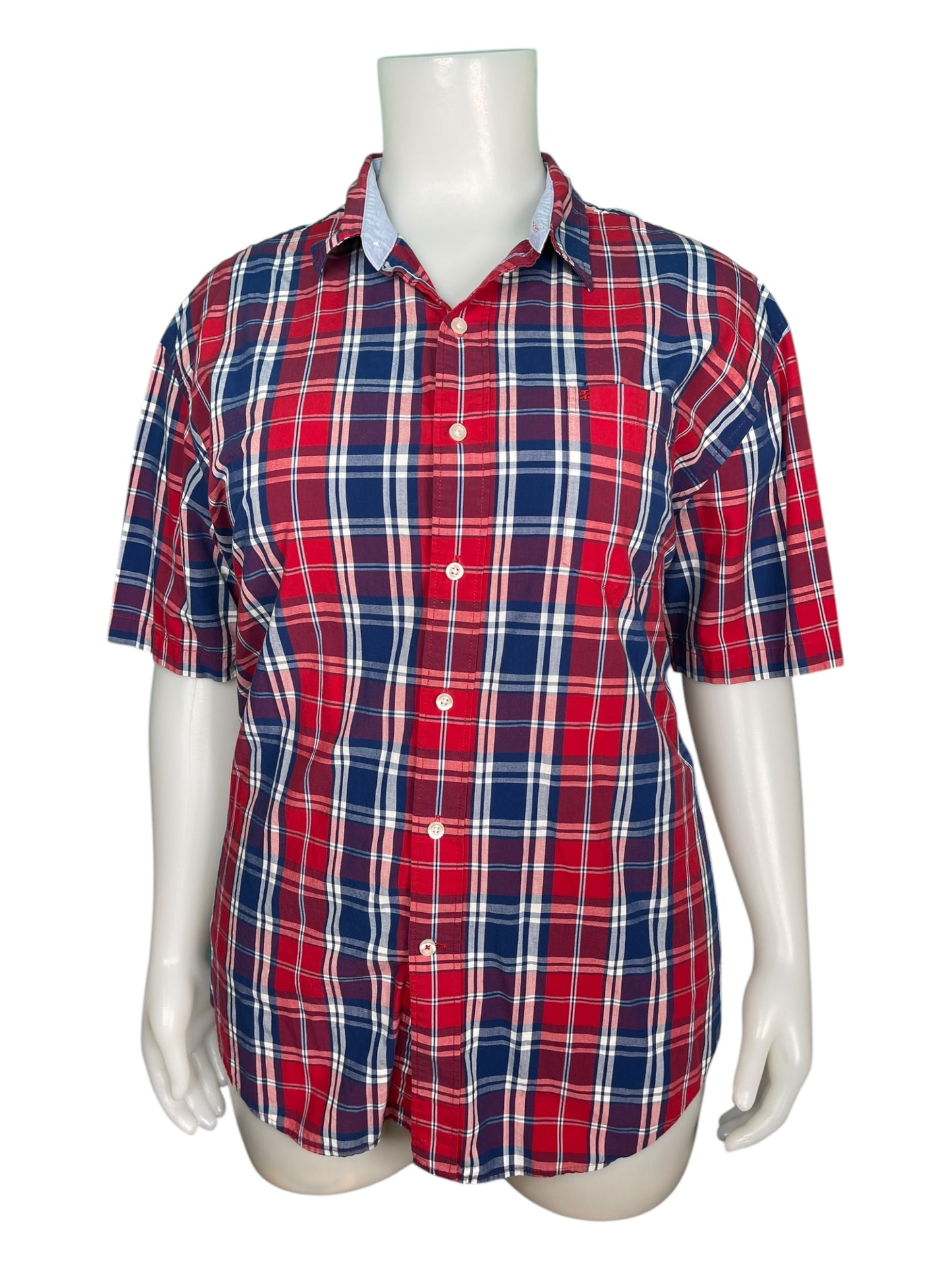 Blue and Red Plaid Button Up Short-Sleeve Shirt