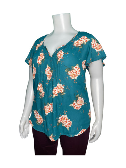 Teal W/ Orange Rose Cap-sleeved Blouse