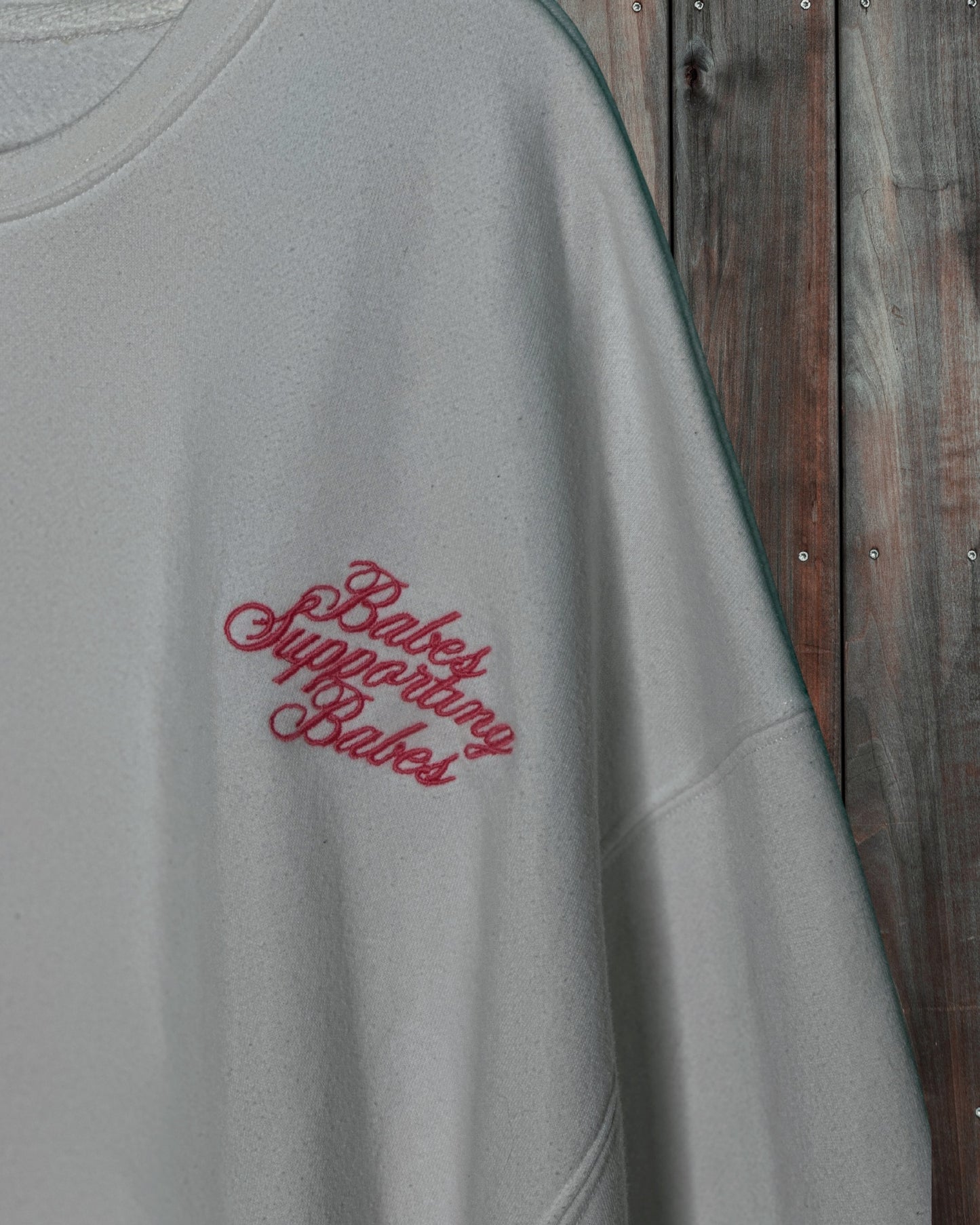 White with Pink "Babes Supporting Babes" Embroidery Crewneck Sweater