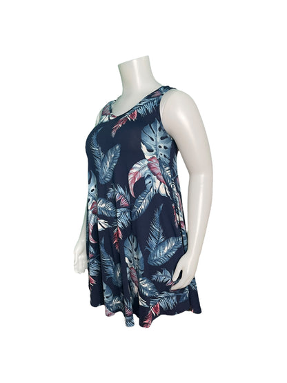 Navy Blue w/ Tropical Patterned Sleeveless Mini Dress