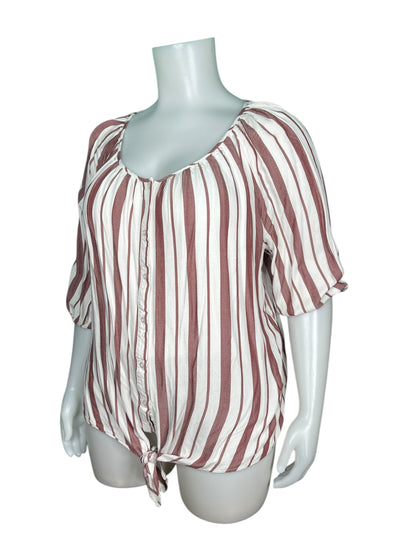 Burgundy and White Stripped  3/4 Sleeve Blouse with Front Tie