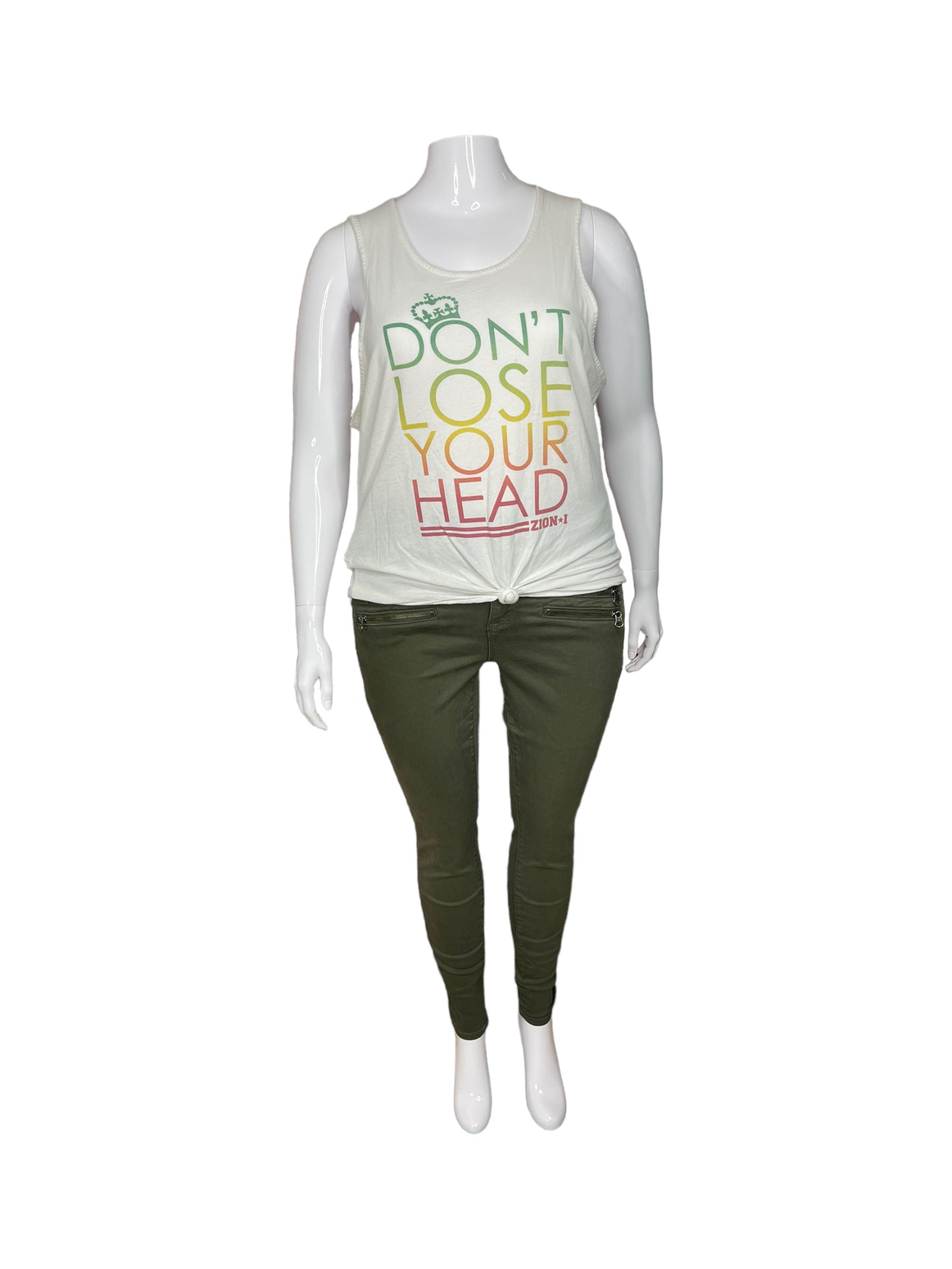 “Zion I” White Tank Top w/ ‘DON’T LOSE YOUR HEAD” in Rainbow Ombré (L)
