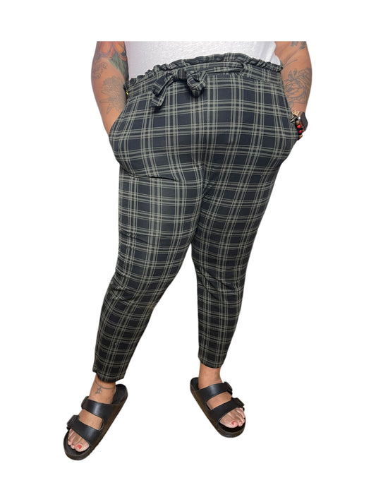 Green Plaid Paperbag Waist Fitted Pants