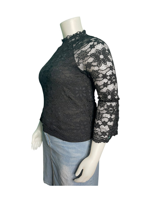 Black Lace Long Sleeved Mock Neck Blouse