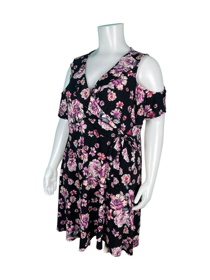 Black w/ Purple Floral Patterned   Cold Shoulder Dress