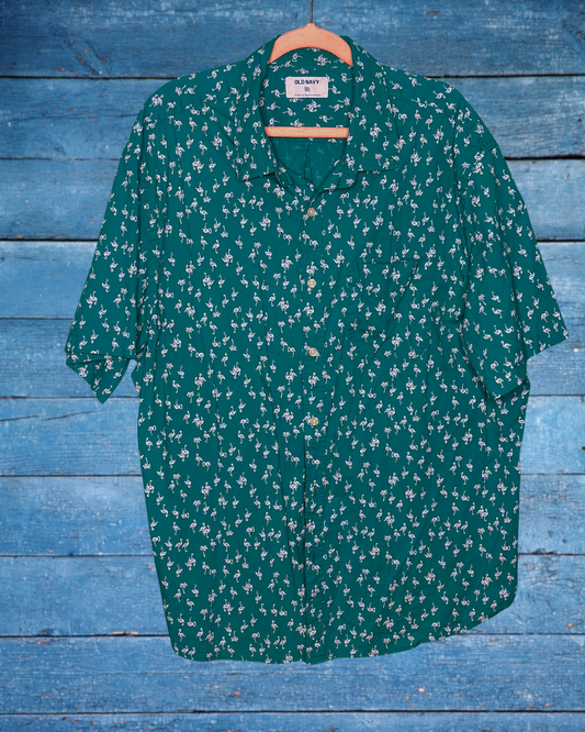 Teal w/ Flamingo Short Sleeved Button Up Shirt