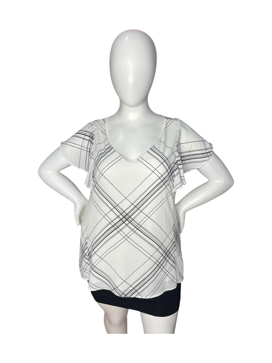 White with Black Plaid Cap Sleeved Blouse