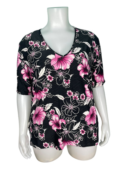 Black w/ Pink Floral Patten Short Sleeve Shirt