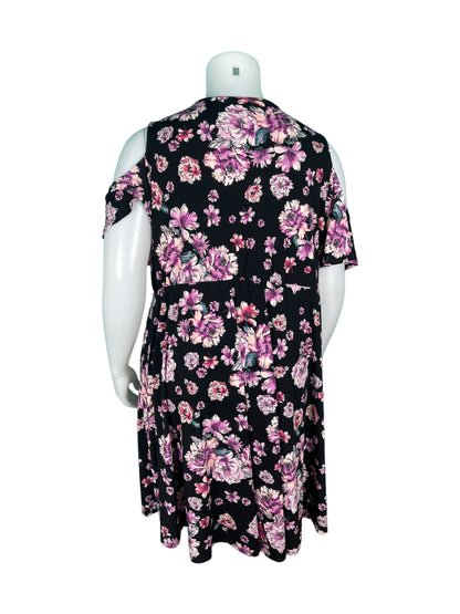 Black w/ Purple Floral Patterned   Cold Shoulder Dress