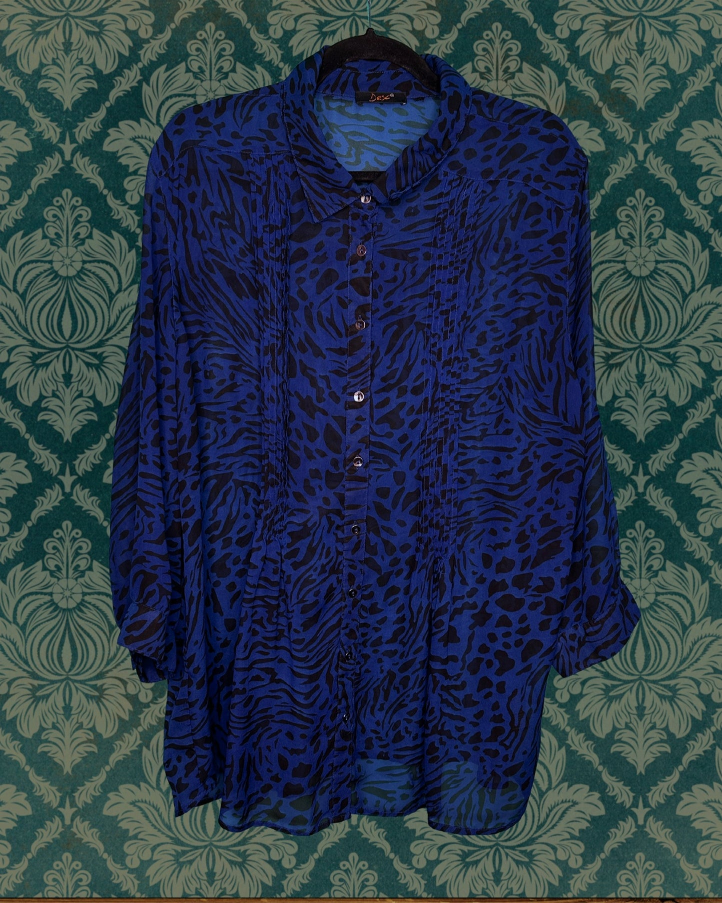 Blue & Black Sheer Animal Print Blouse