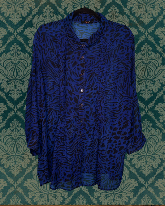 Blue & Black Sheer Animal Print Blouse