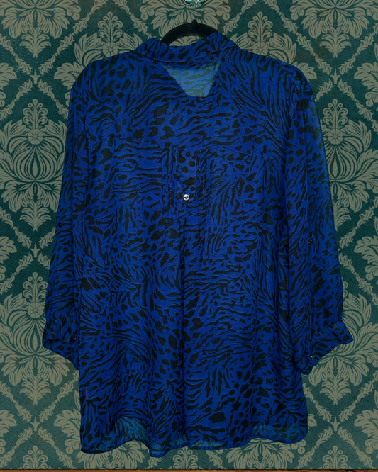 Blue & Black Sheer Animal Print Blouse