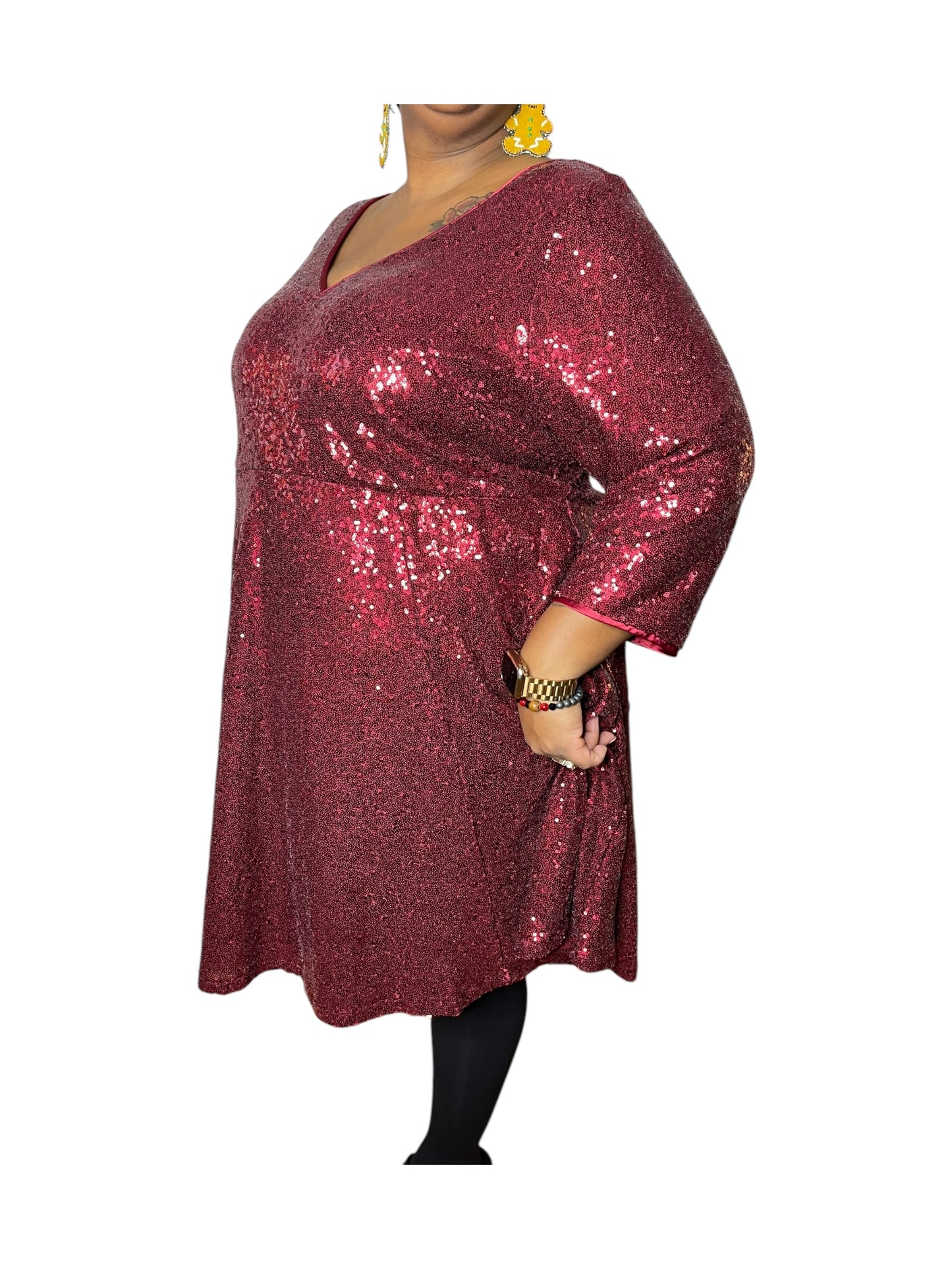 Red Sparkly V-Neck 3/4 sleeve Dress