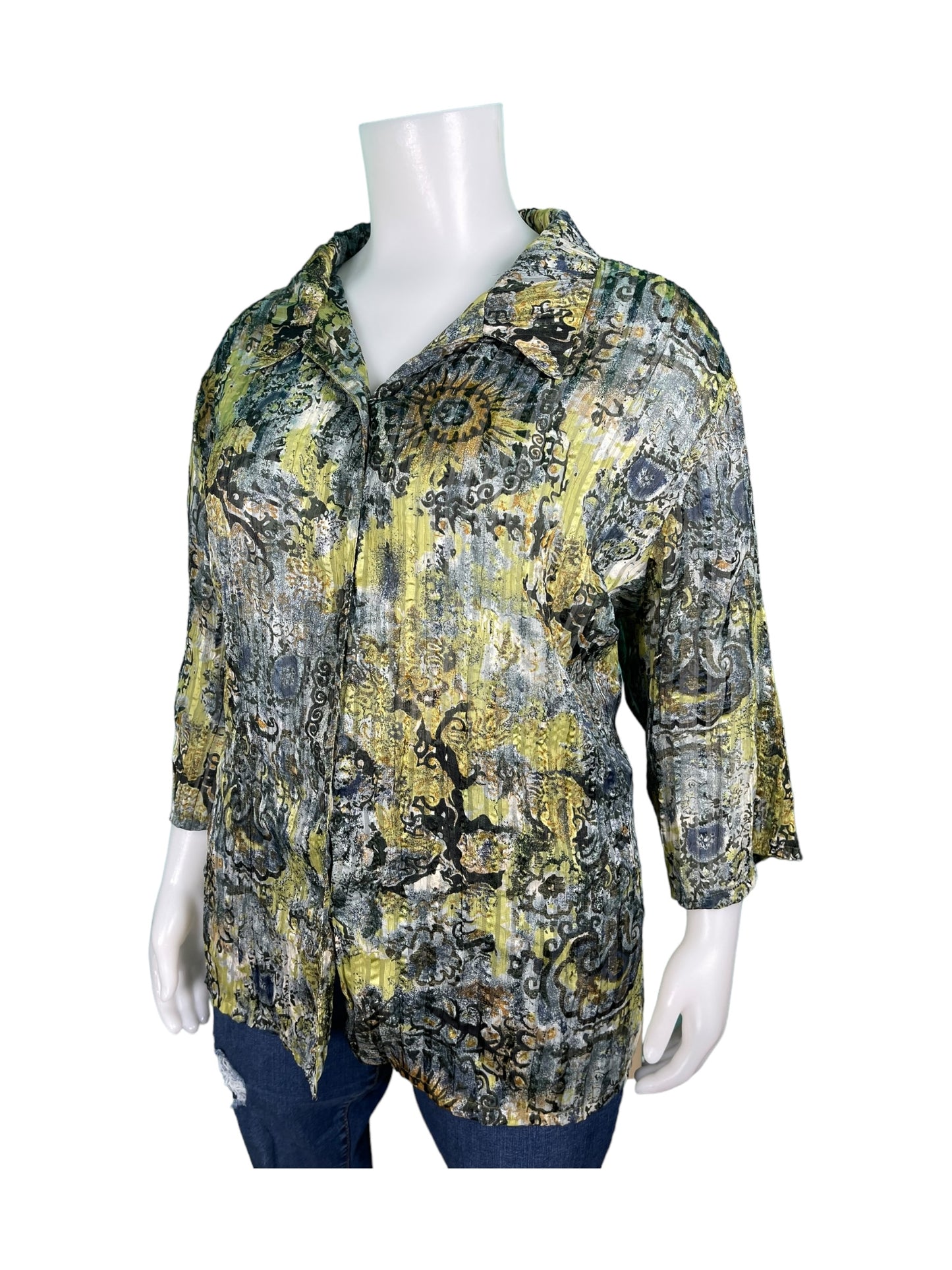 Yellow and Black Patterned 3/4 Sleeve Button Up Blouse