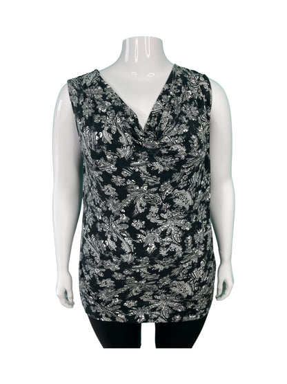 Black & White Pattered Sleeveless Top w/ swoop neck Blouse