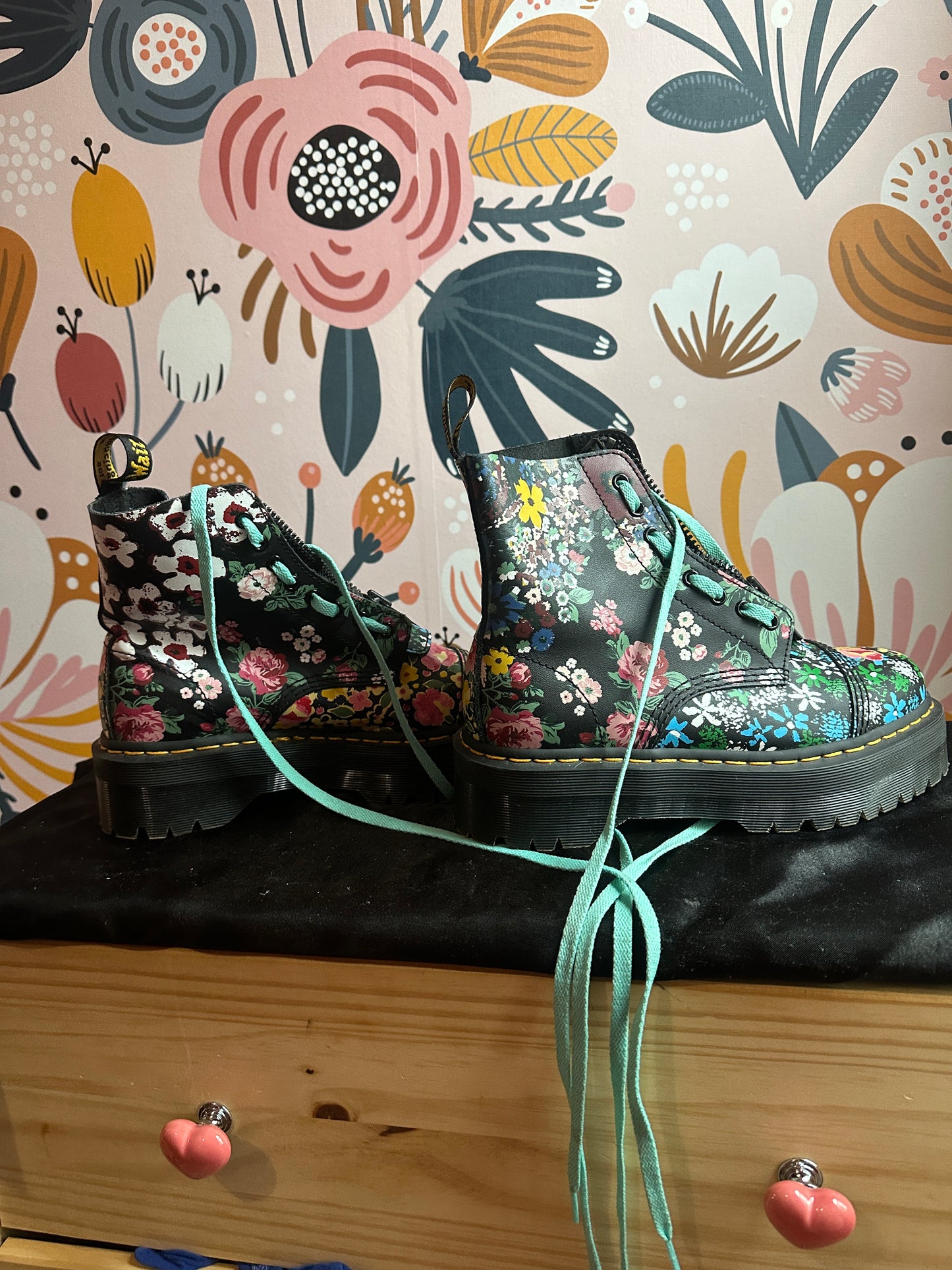 Black Floral Sinclair Platform Boots w/ Turquoise Laces