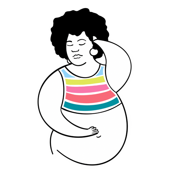 Chubby Fem Thrift Logo, chubby girl non binary figure with teal, coral, pink, yellow and light blue shirt 
