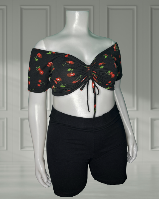Black w/ Red Cherry Patterned Off the Shoulder Crop Top
