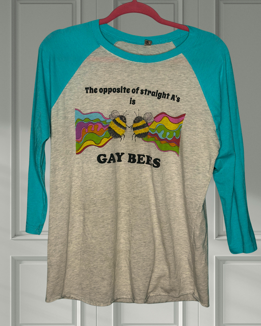 Light Blue and Grey “The opposite of straight A’s is Gay Bees” 3/4 Sleeve Shirt