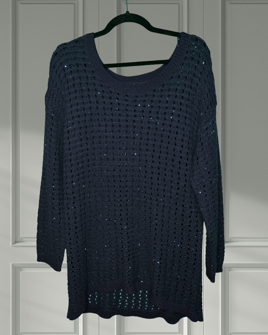 Navy Blue Sparkley Long Sleeved Knit Mesh Sweater