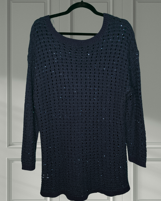 Navy Blue Sparkley Long Sleeved Knit Mesh Sweater