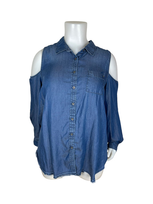 Blue Denim Button Up Cold Shoulder Top