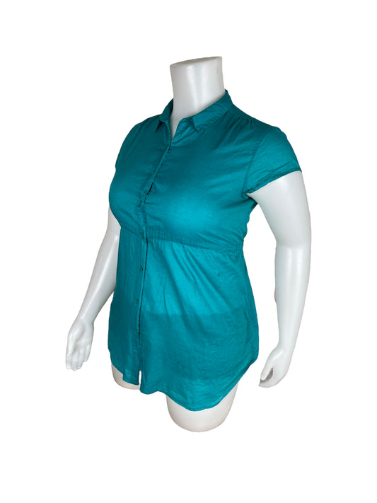 Teal Button Cap-sleeve Shirt