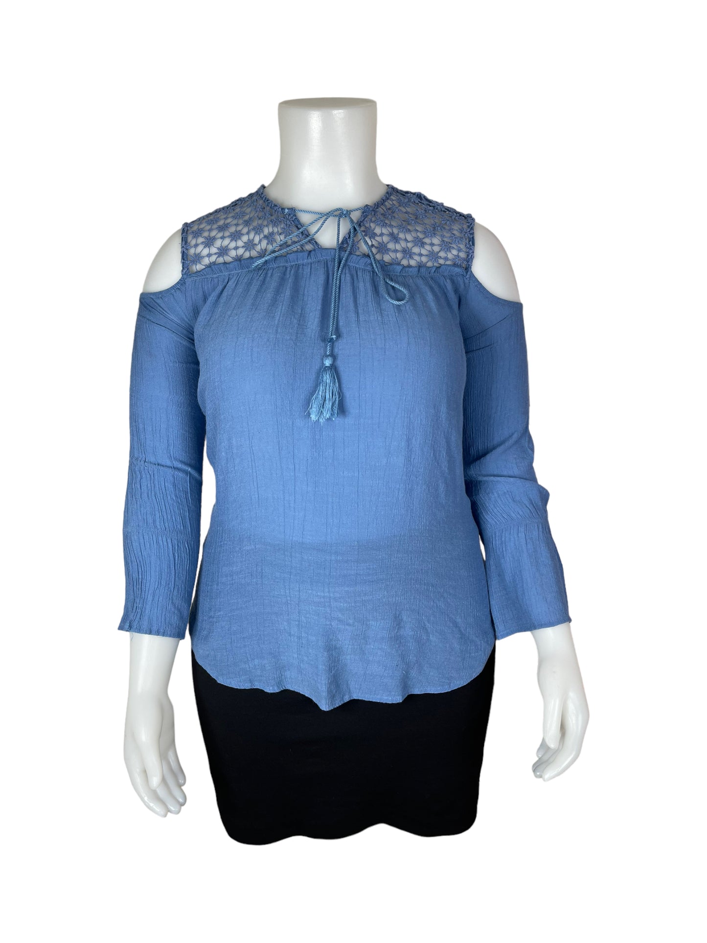 "L Love" Blue Shirt with Lacey Daisy Shoulders (L)