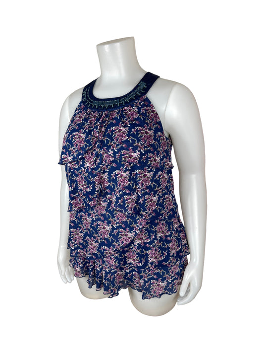 "Pennington's" Blue Sleeveless Frilly Shirt with Purple Floral (X)